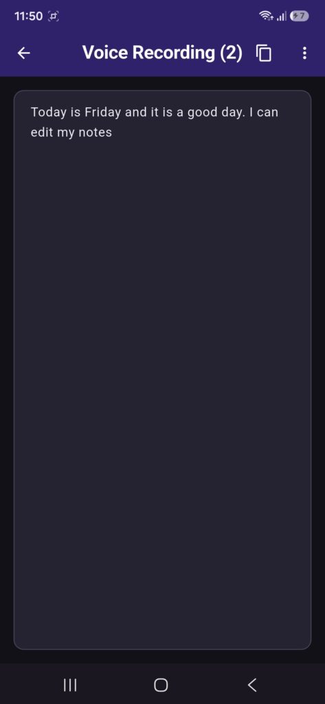 Voice Note Keeper - Transcribed Text Editable